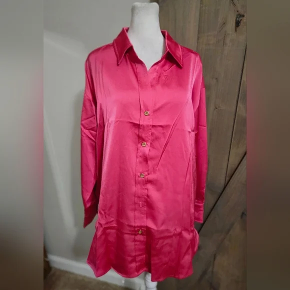 ENTRO Satin Long Sleeve Relaxed Fit Button Up Blouse In Hot Pink. Size Med NWT - Picture 9 of 16
